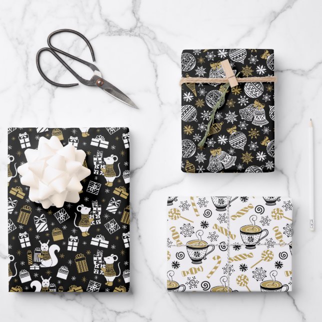 Scandi Winter Christmas Gold & Black Woodland Wrapping Paper Sheet (Front)