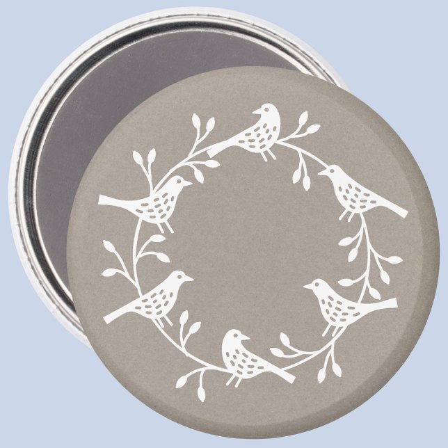 Scandi Wreath of Birds and Rosehips Magnet (White Scandinavian bird wreath festive magnet)