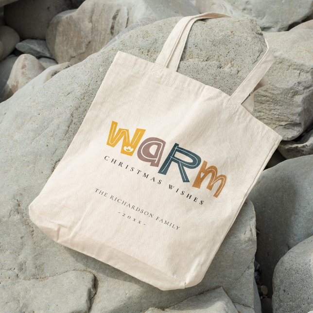 Scandi Yellow Gray Text Warm Wishes Christmas Tote Bag (Creator Uploaded)