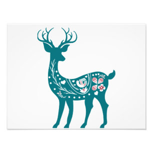 Scandia Christmas Red And Blue Nordic Deer Scandia Photo Print