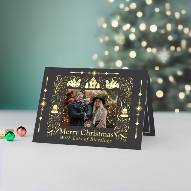 Scandinavia Folktale Christmas Photo Grey Foil Holiday Card (Holiday In Situ 2)