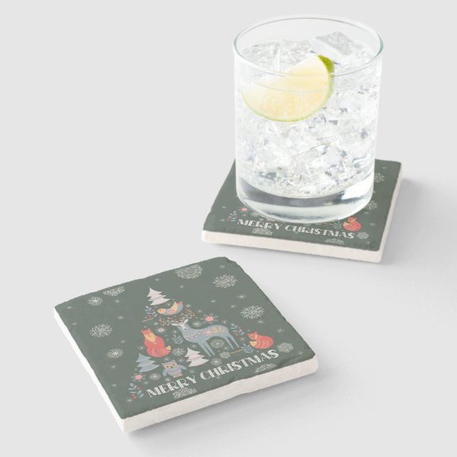 Scandinavian Animal Snowflake Reindeer Tree Green Stone Coaster (Side)