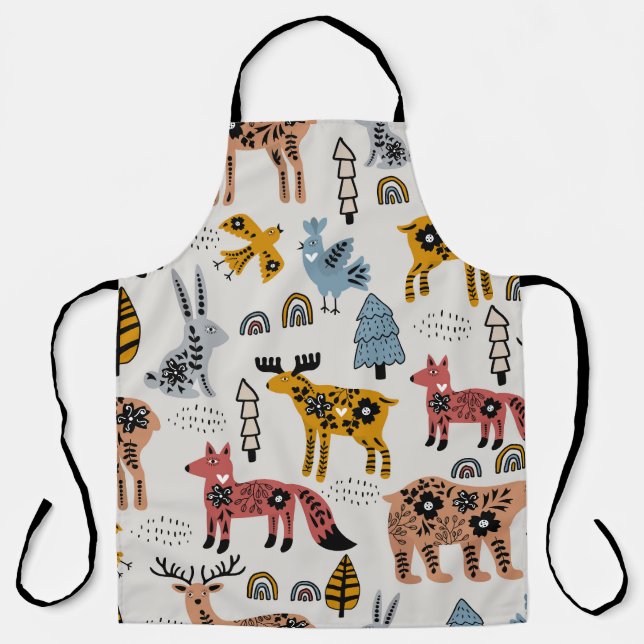 Scandinavian animals, floral, cute pattern. apron (Front)