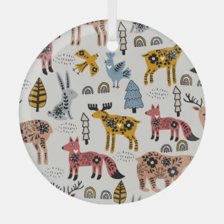 Scandinavian animals, floral, cute pattern. glass tree decoration