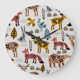 Scandinavian animals, floral, cute pattern. large clock