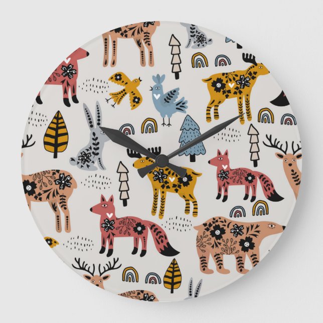 Scandinavian animals, floral, cute pattern. large clock (Front)