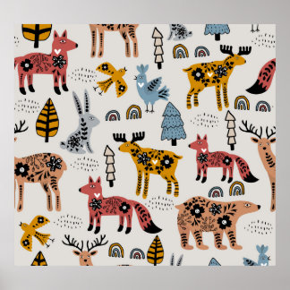 Scandinavian animals, floral, cute pattern. poster