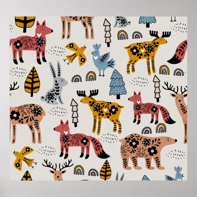 Scandinavian animals, floral, cute pattern. poster (Front)