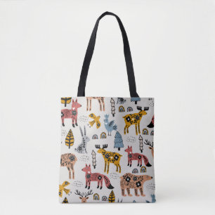 Scandinavian animals, floral, cute pattern. tote bag