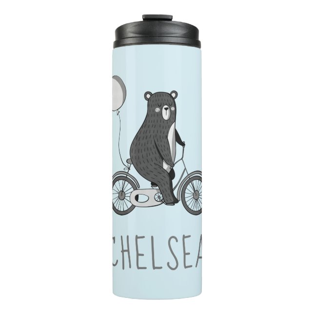 Scandinavian Bear on Bike Minimalist Blue Thermal Tumbler (Front)