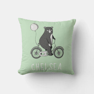 Scandinavian Bear on Bike Minimalist Green Cushion