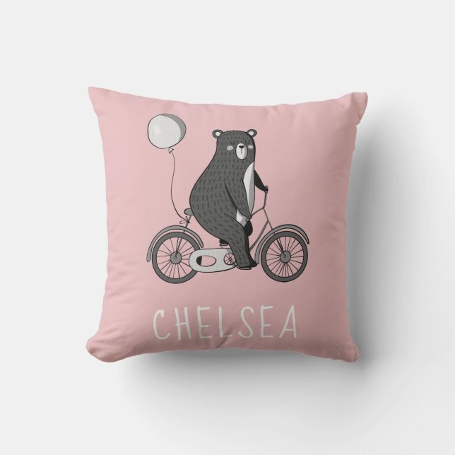 Scandinavian Bear on Bike Minimalist Pink Cushion (Front)