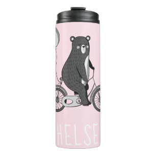 Scandinavian Bear on Bike Minimalist Pink Thermal Tumbler