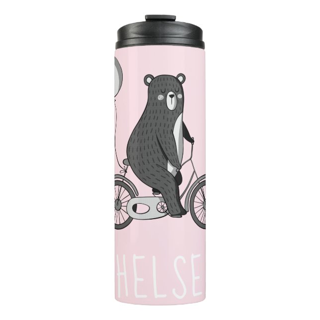 Scandinavian Bear on Bike Minimalist Pink Thermal Tumbler (Front)