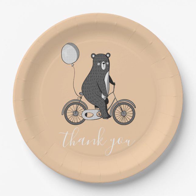 Scandinavian Bear on Bike Minimalist Thank You  Paper Plate (Front)