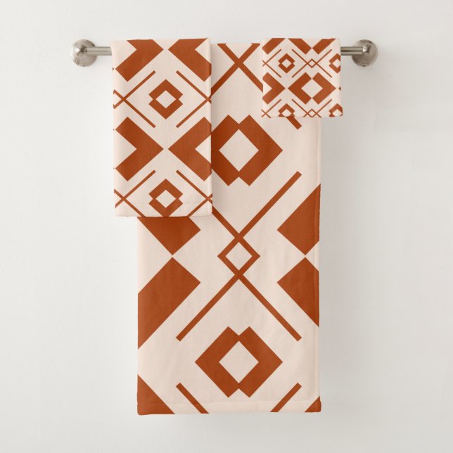 Scandinavian beige and burnt orange geometric bath towel set (Insitu)