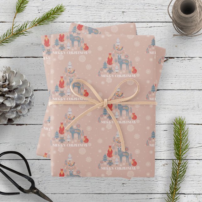 Scandinavian Beige Neutral Reindeer Tree Animal  Wrapping Paper Sheet (Creator Uploaded)