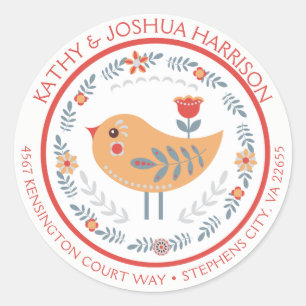 Scandinavian Bird and Flowers Return Address Classic Round Sticker