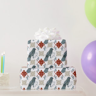 Scandinavian Bird and Kaleidoscope Pattern Wrapping Paper