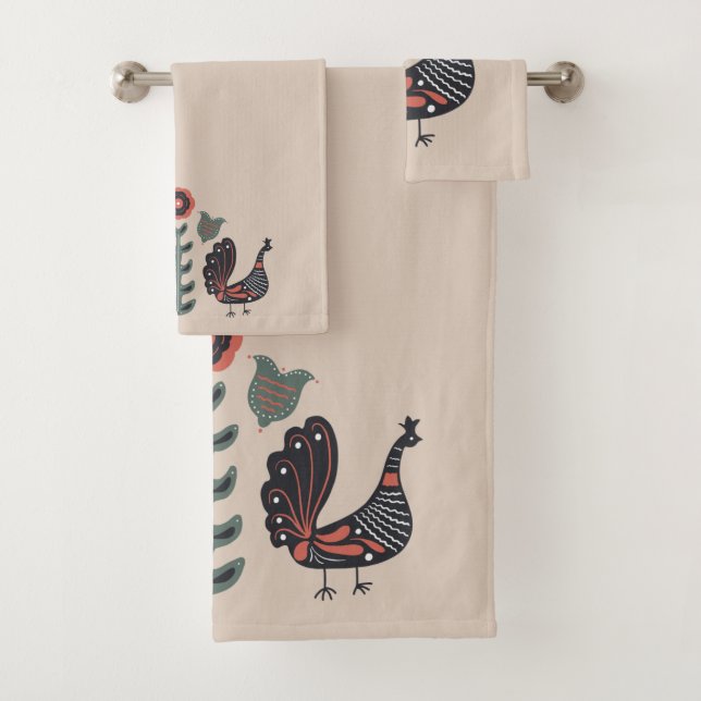 Scandinavian Bird Pattern Sand Green Bath Towel Set (Insitu)