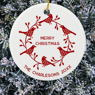 Scandinavian Bird Wreath Personalised Christmas Ceramic Ornament