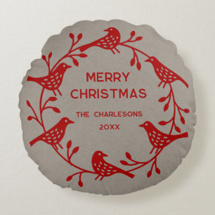 Scandinavian Bird Wreath Personalised Christmas Round Cushion