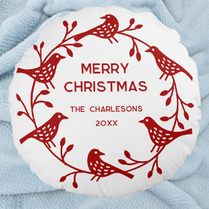Scandinavian Bird Wreath Personalised Christmas Round Cushion