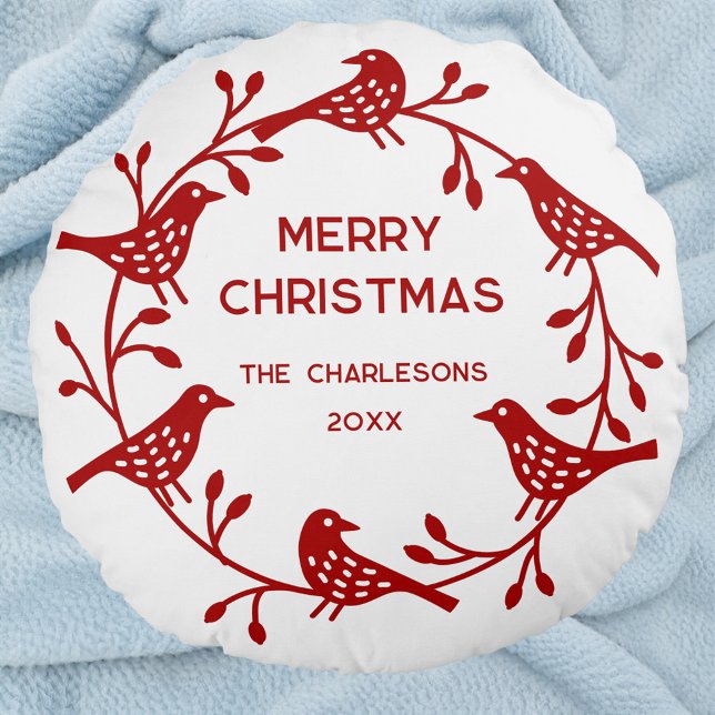 Scandinavian Bird Wreath Personalised Christmas Round Cushion (Red Scandinavian bird wreath personalized family name date festive Merry Christmas pillow)