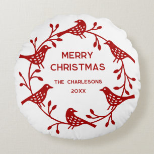 Scandinavian Bird Wreath Personalised Christmas Round Cushion