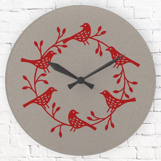 Scandinavian Bird Wreath Round Clock (Scandinavian style bird folk art clock)