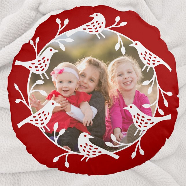 Scandinavian Birds and Rosehips Wreath Photo Round Cushion (Scandinavian red and white bird wreath photo frame pillow)