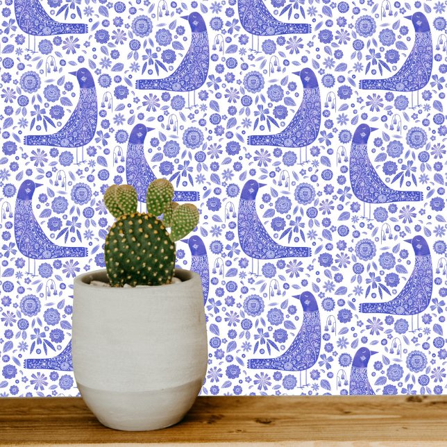 Scandinavian Birds Blue and White Wallpaper (Nordic Birds blue and white art wallpaper)