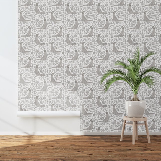 Scandinavian Birds Grey White Wallpaper (Nordic Bird gray and white art wallpaper )
