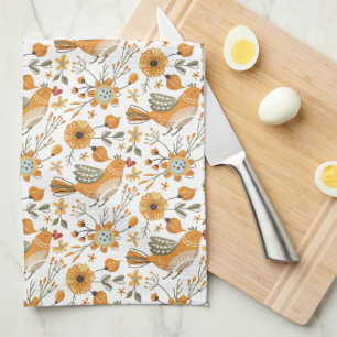 Scandinavian Birds Orange Tea Towel