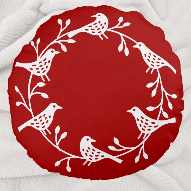 Scandinavian Birds with Rosehips Wreath Round Cushion (Red and white Scandinavian bird wreath festive round pillow)