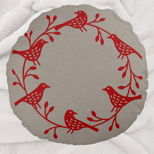 Scandinavian Birds with Rosehips Wreath Round Cushion (Red Scandinavian bird wreath festive round pillow)