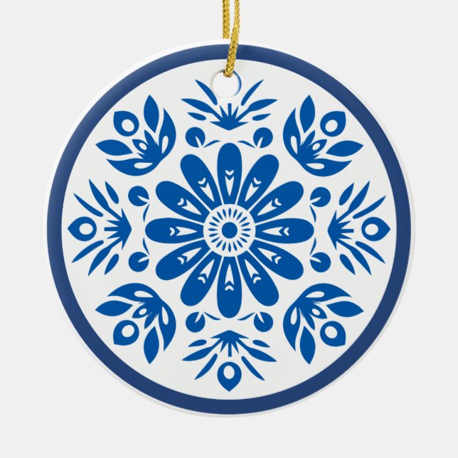Scandinavian Blue and White Flower Ceramic Ornament (Front)
