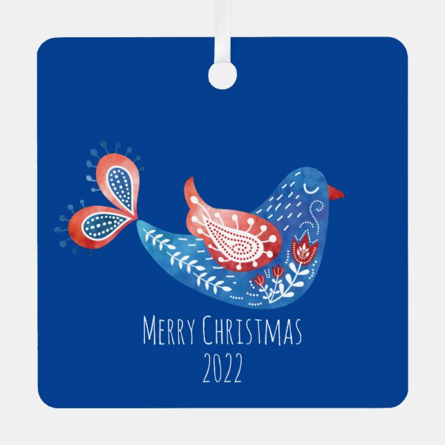 Scandinavian Blue Bird Folk Art Metal Ornament (Front)