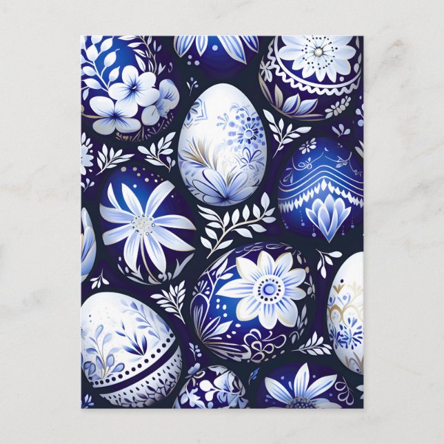 Scandinavian Blue Easter Egg Spring Floral Announcement Postcard (Front)
