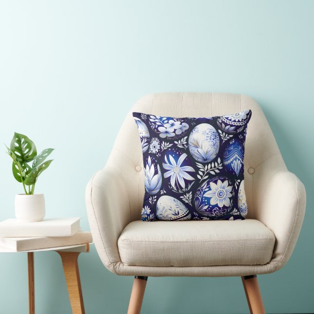 Scandinavian Blue Easter Egg Spring Floral Cushion (Chair)