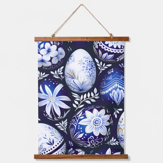 Scandinavian Blue Easter Egg Spring Floral Hanging Tapestry (Front)