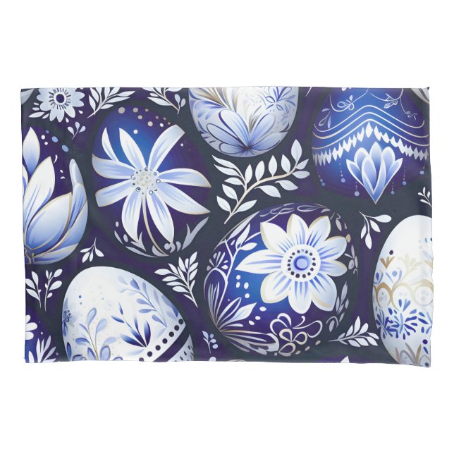 Scandinavian Blue Easter Egg Spring Floral Pillowcase (Front)