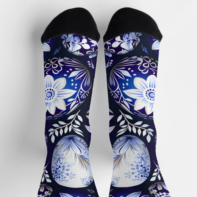 Scandinavian Blue Easter Egg Spring Floral Socks (Top)
