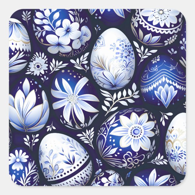 Scandinavian Blue Easter Egg Spring Floral Square Sticker (Front)