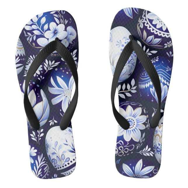 Scandinavian Blue Easter Egg Spring Floral Thongs (Footbed)