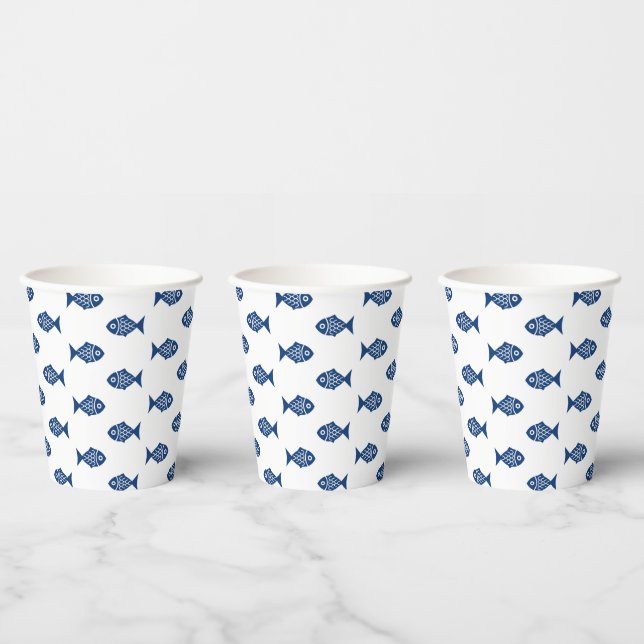 Scandinavian Blue Fish Pattern Paper Cups (Multi)