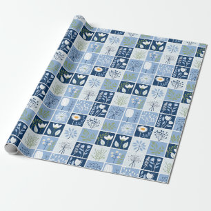 Scandinavian Blue Floral Modern Nordic Botanical Wrapping Paper