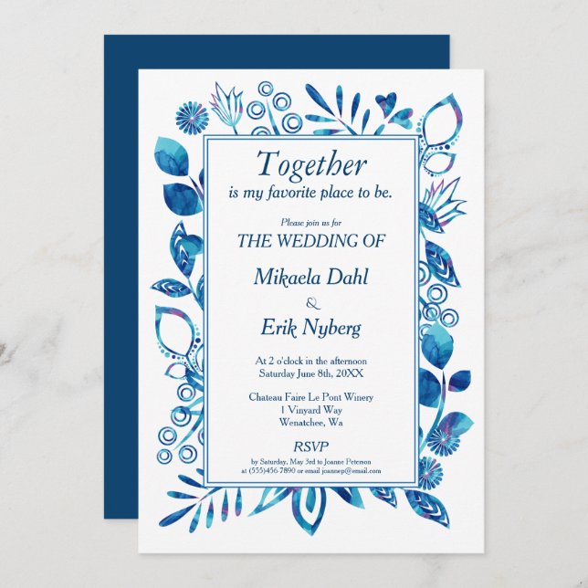 Scandinavian Blue Floral Pattern Wedding Invitation (Front/Back)