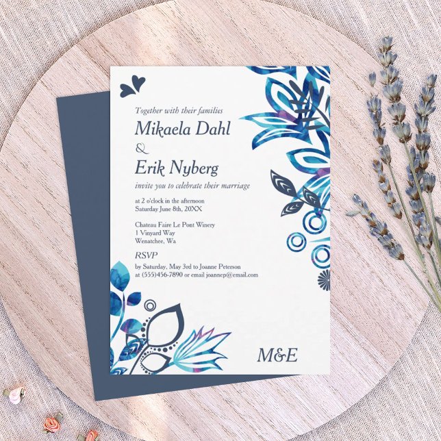Scandinavian Blue Floral Pattern Wedding Invitation (navy blue, light blue, and turquoise wedding invitations, winter blue wedding theme)