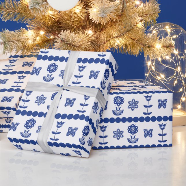 Scandinavian blue Flowers and butterfly pattern Wrapping Paper (Holidays)